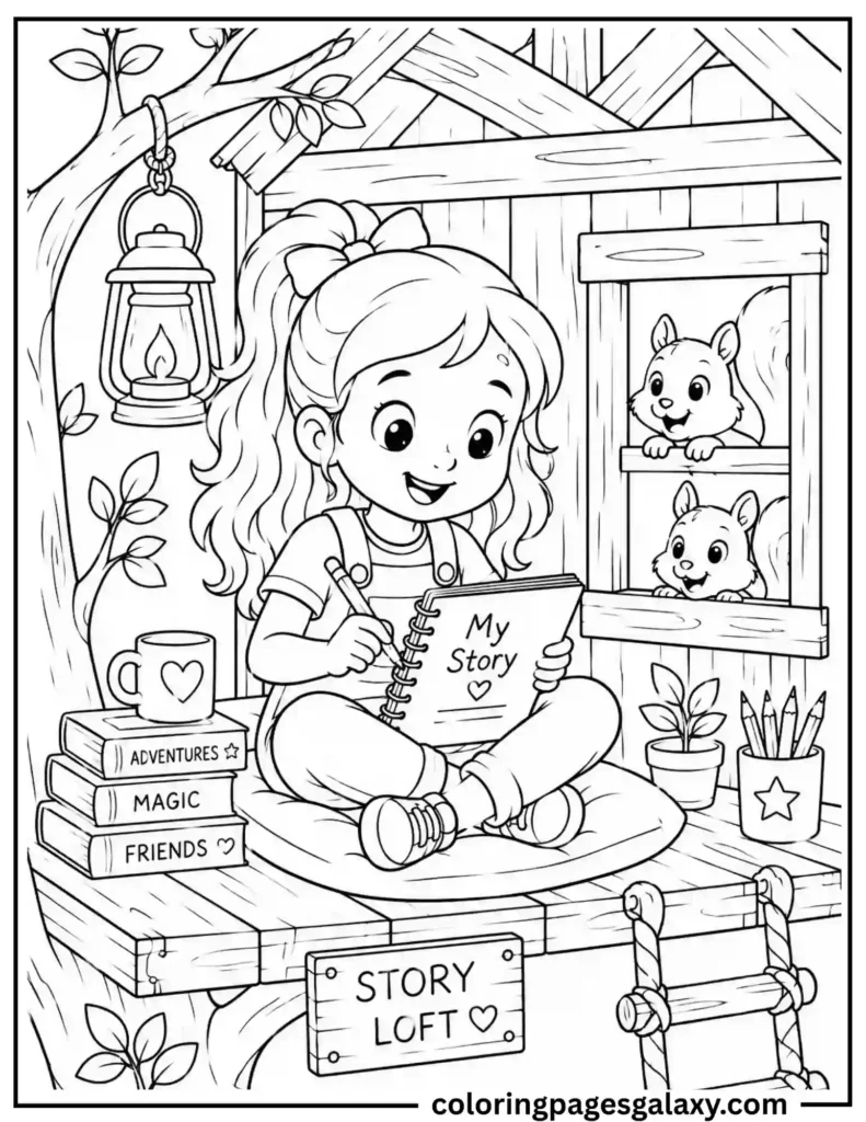 Girl Writing Stories In Treehouse Coloring Page