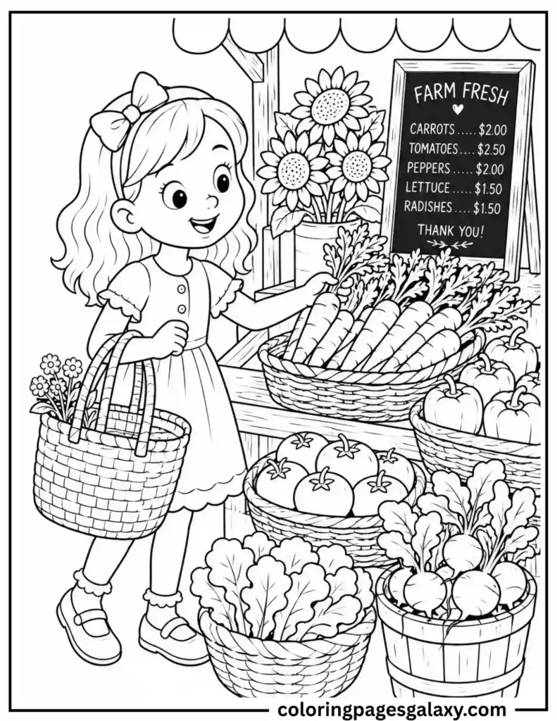 Girl at Farmers Market Coloring Page