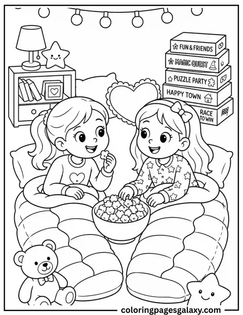 Girls Sleepover Popcorn Movie Night Coloring Page