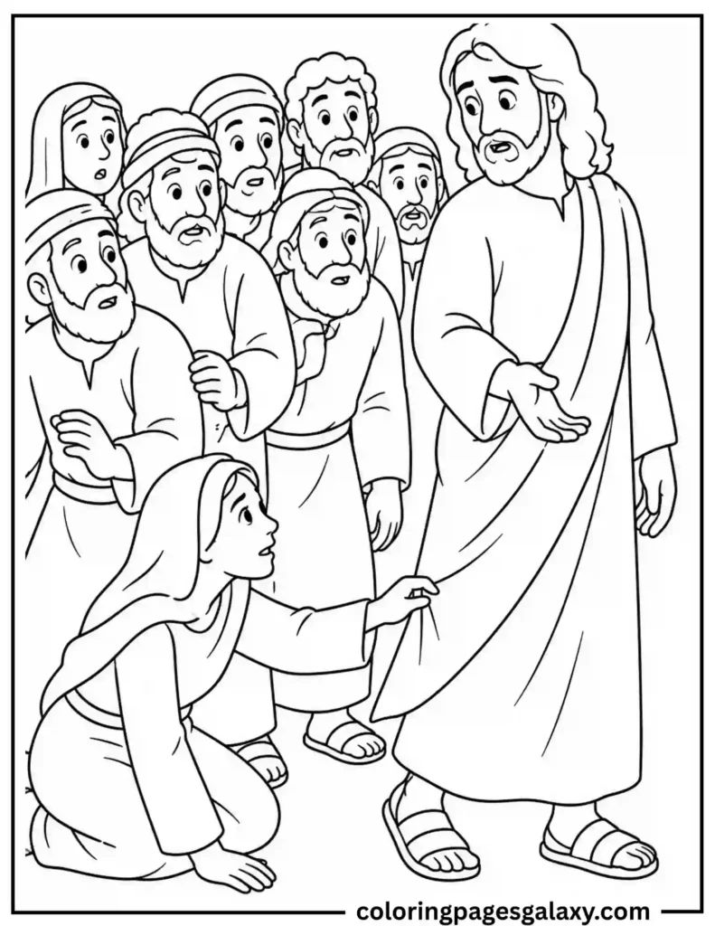 Woman Touches Jesus Garment Coloring Page