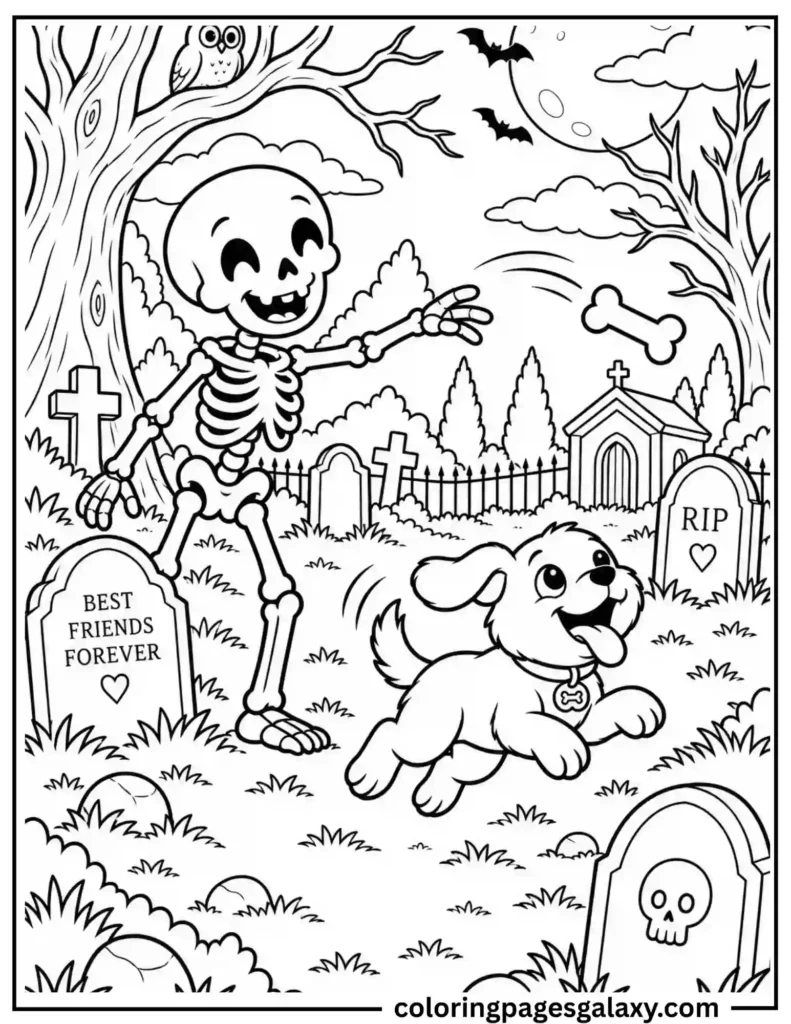 Cozy Skeleton Playing With Dog Coloring Page