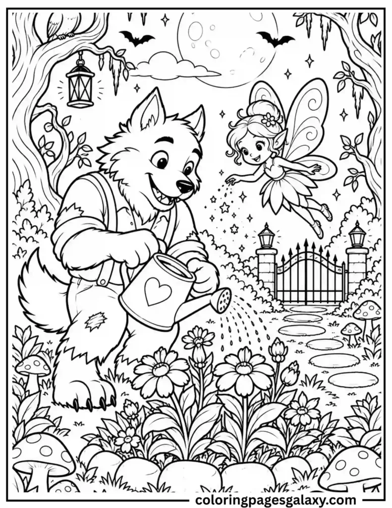 Cozy Werewolf Gardening With A Cute Fairy Coloring Page