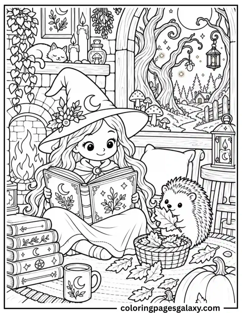 Cozy Witch Reading With Hedgehog Coloring Page