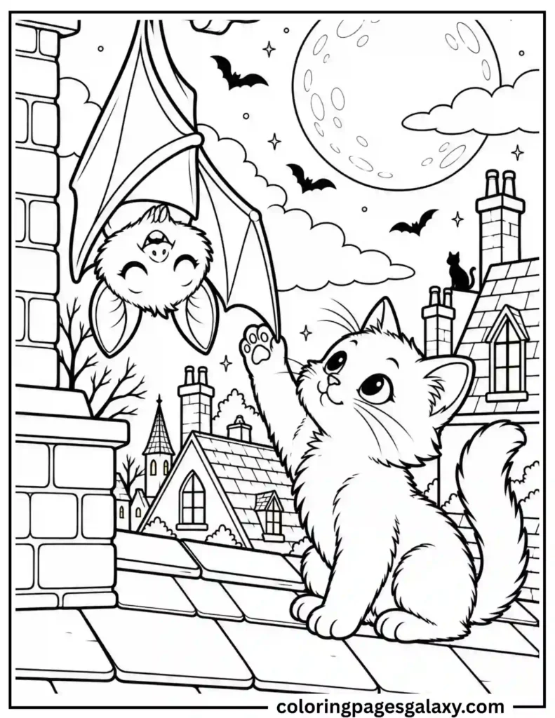Cute Cat Playing With Bat Coloring Page