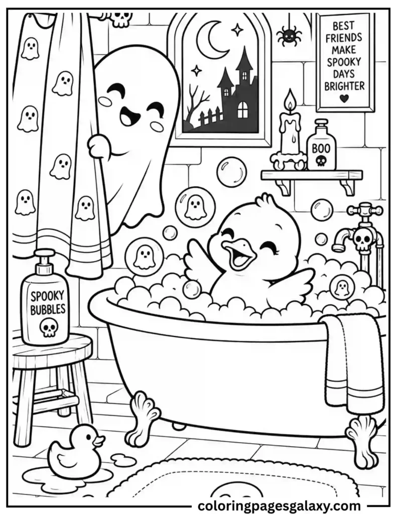 Cute Ghost And Duck Bubble Bath Coloring Page