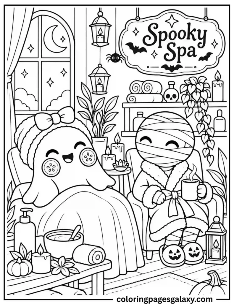 Cute Ghost And Mummy Spooky Spa Day Coloring Page
