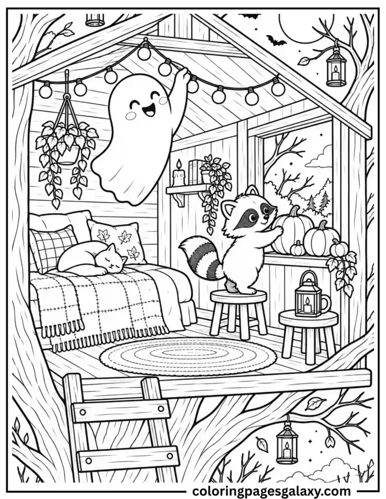 Cute Ghost And Raccoon Treehouse Coloring Page