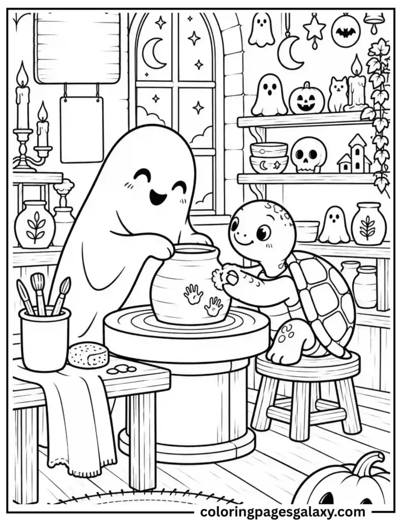 Cute Ghost And Turtle Making Pottery Coloring Page