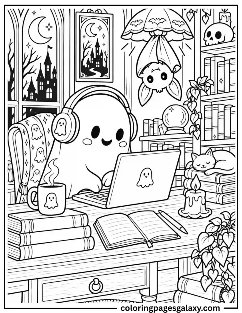 Cute Ghost Using Laptop With A Bat Coloring Page