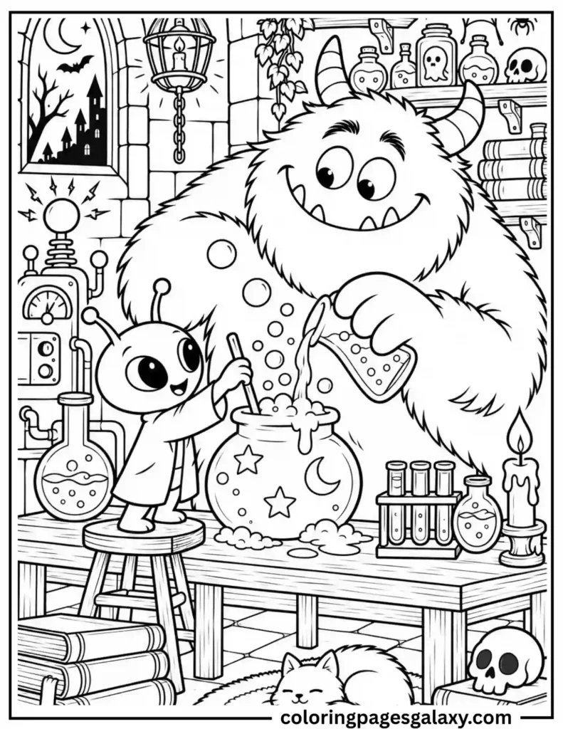 Cute Monster And Alien Making Potions Coloring Page