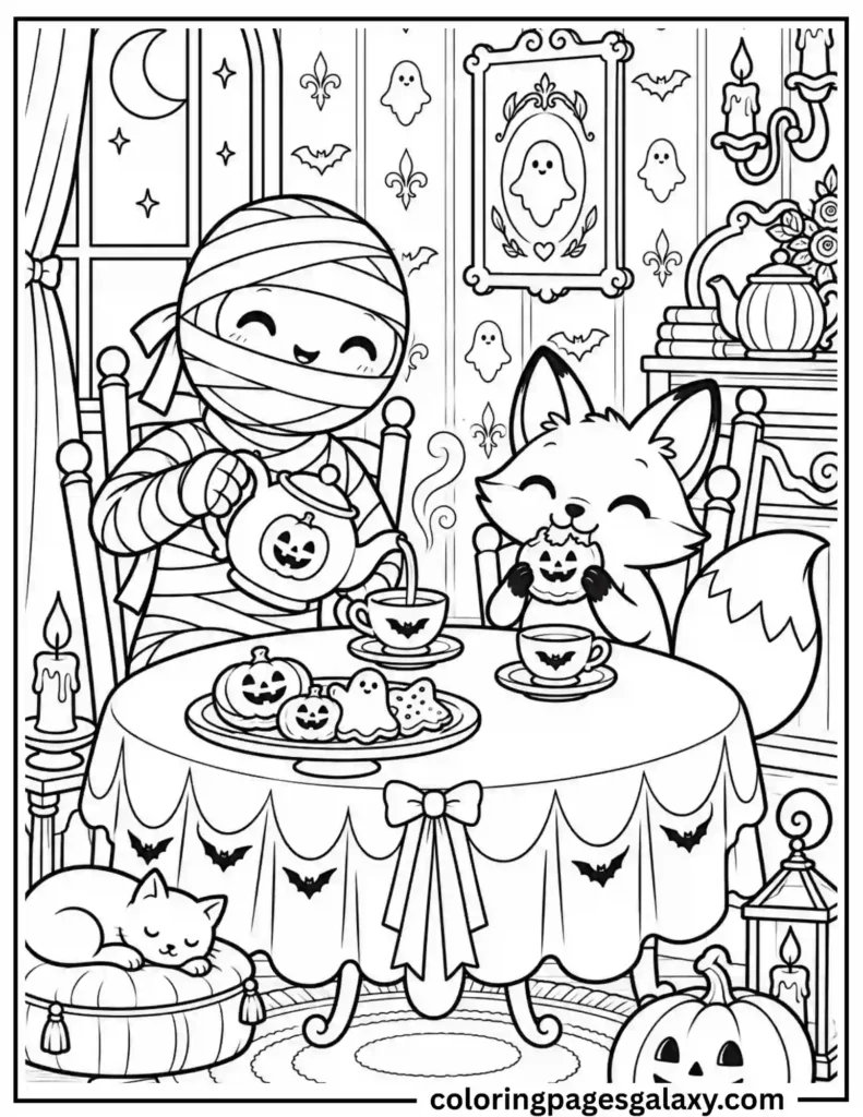 Cute Mummy And Fox Halloween Tea Party Coloring Page