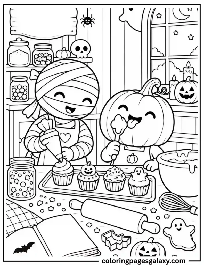 Cute Mummy And Pumpkin Baking Coloring Page