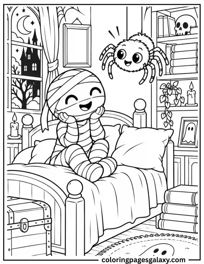 Cute Mummy And Spider Coloring Page