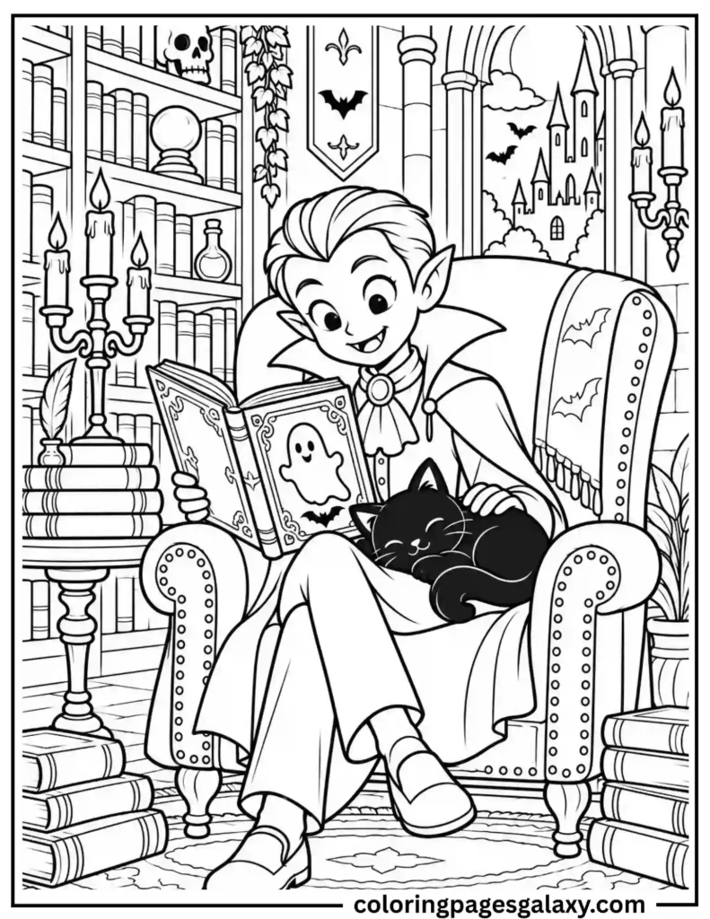 Cute Vampire And Black Cat Coloring Page