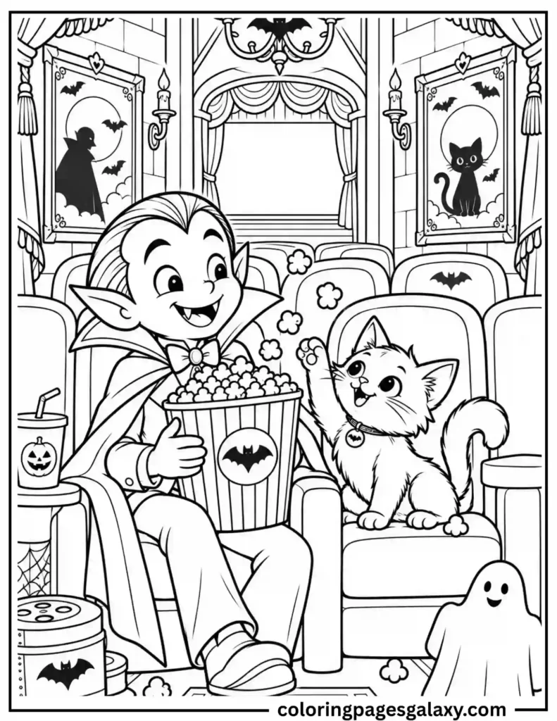 Cute Vampire And Cat Watching Movie Coloring Page