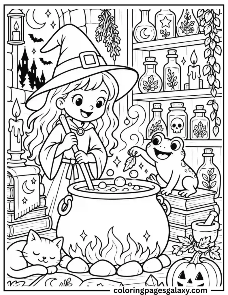 Cute Witch And Frog Making Potion Coloring Page