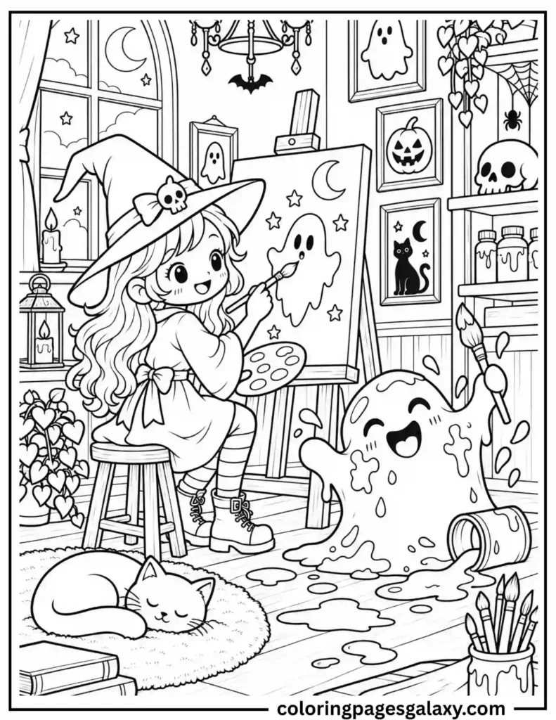 Cute Witch Painting And Ghost Art Coloring Page