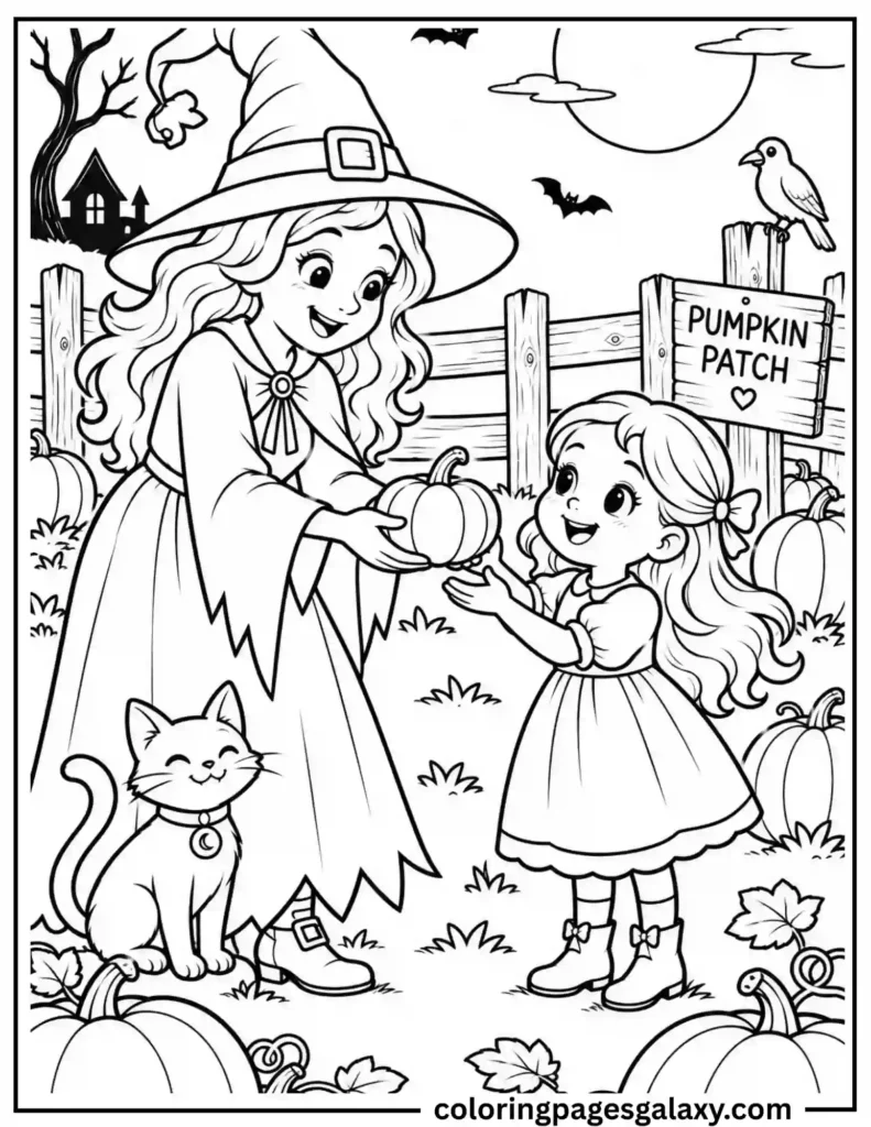 Cute Witch Pumpkin Patch Coloring Page