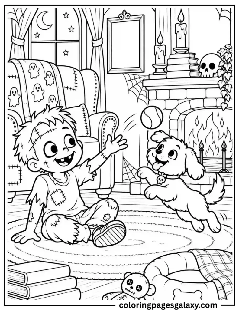 Cute Zombie Playing With Dog Coloring Page