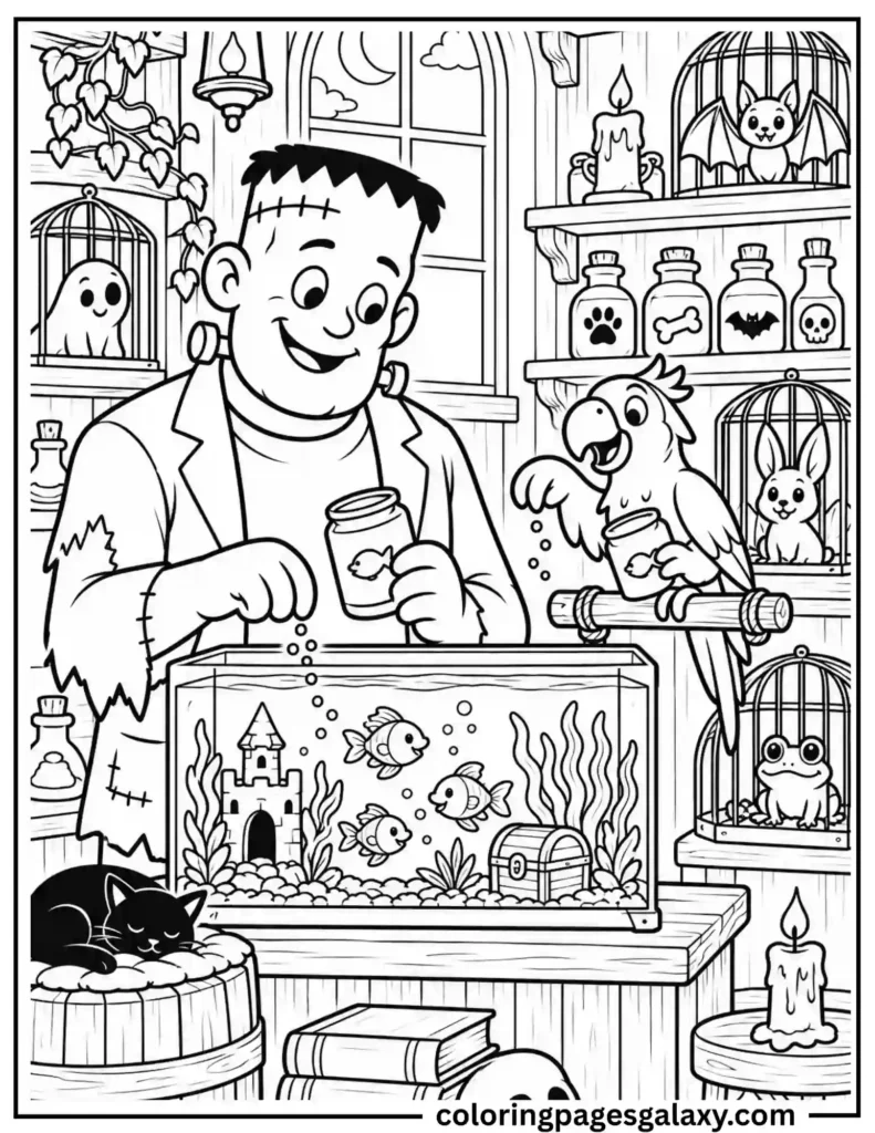 Frankenstein Feeding Fish With Parrot Coloring Page