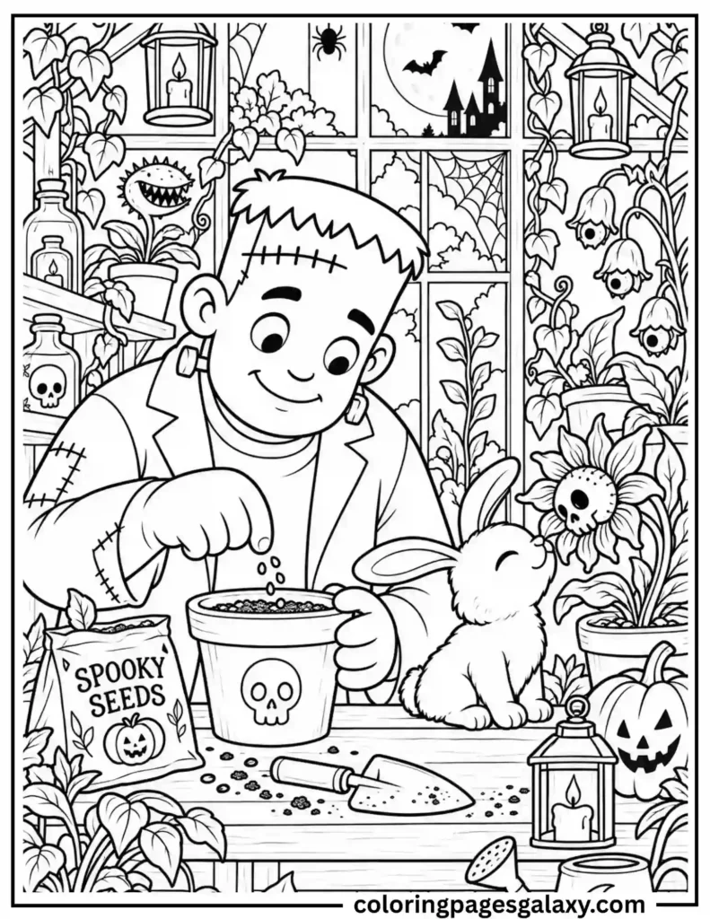 Frankenstein Planting Spooky Seeds Coloring Page