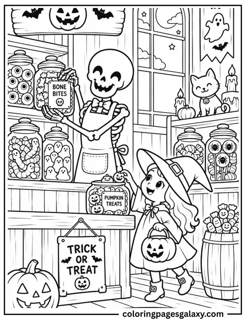 Friendly Skeleton Giving Witch Halloween Treats Coloring Page