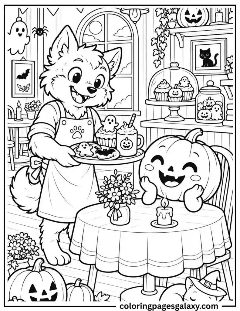 Friendly Werewolf And Happy Pumpkin Character In A Spooky Cafe