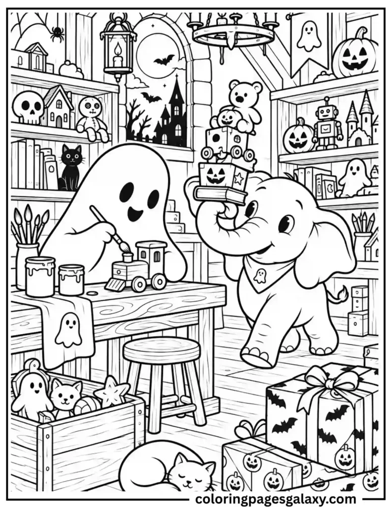 Ghost And Elephant Toy Shop Coloring Page