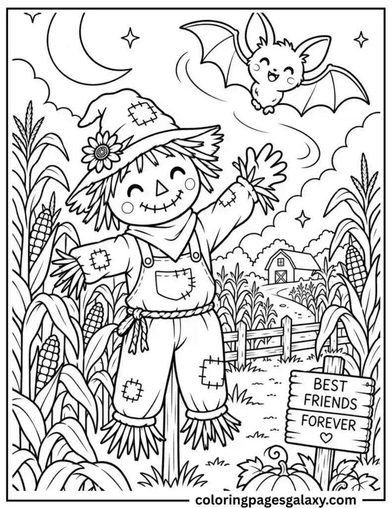 Happy Scarecrow In Cornfield And A Cute Bat Coloring Page