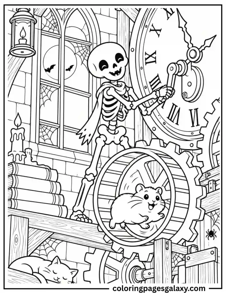 Happy Skeleton Clock Tower Coloring Page