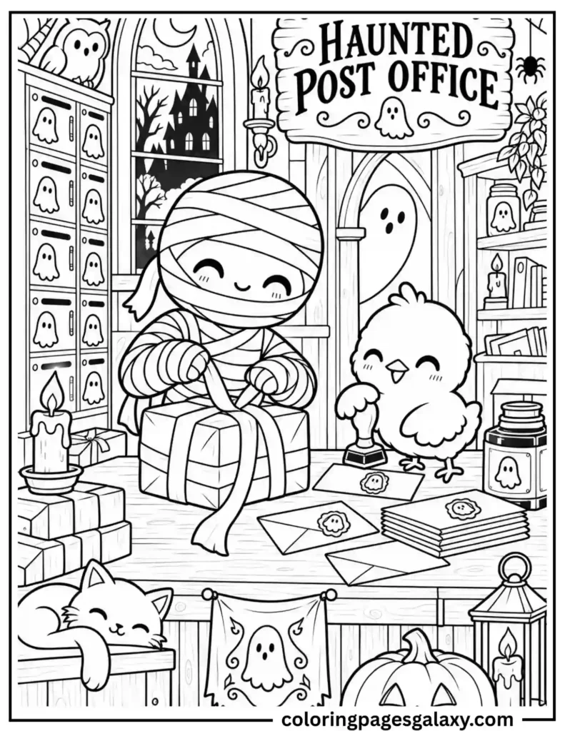 Mummy And Chick Haunted Post Office Coloring Page
