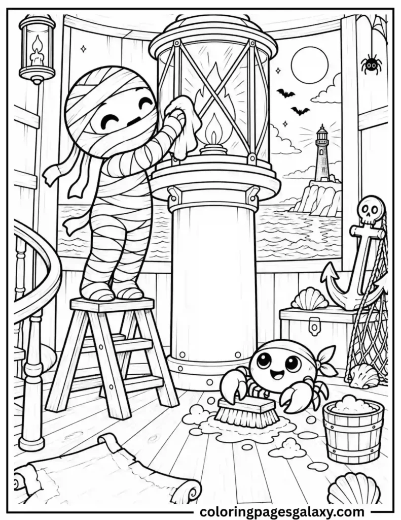 Mummy Cleaning Lighthouse With Crab Coloring Page