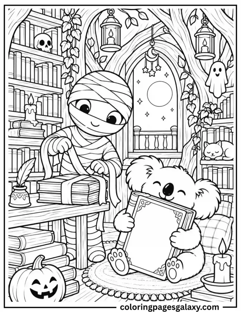 Mummy Halloween Library Coloring Page