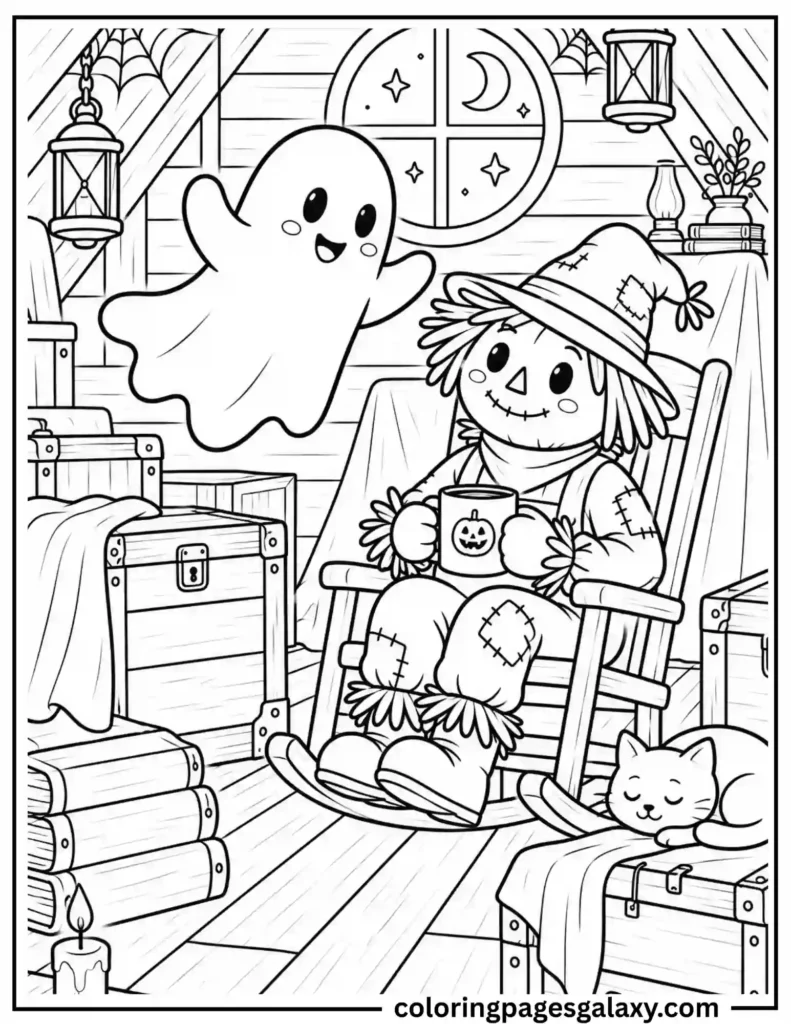 Scarecrow Relaxing With Cute Ghost Coloring Page