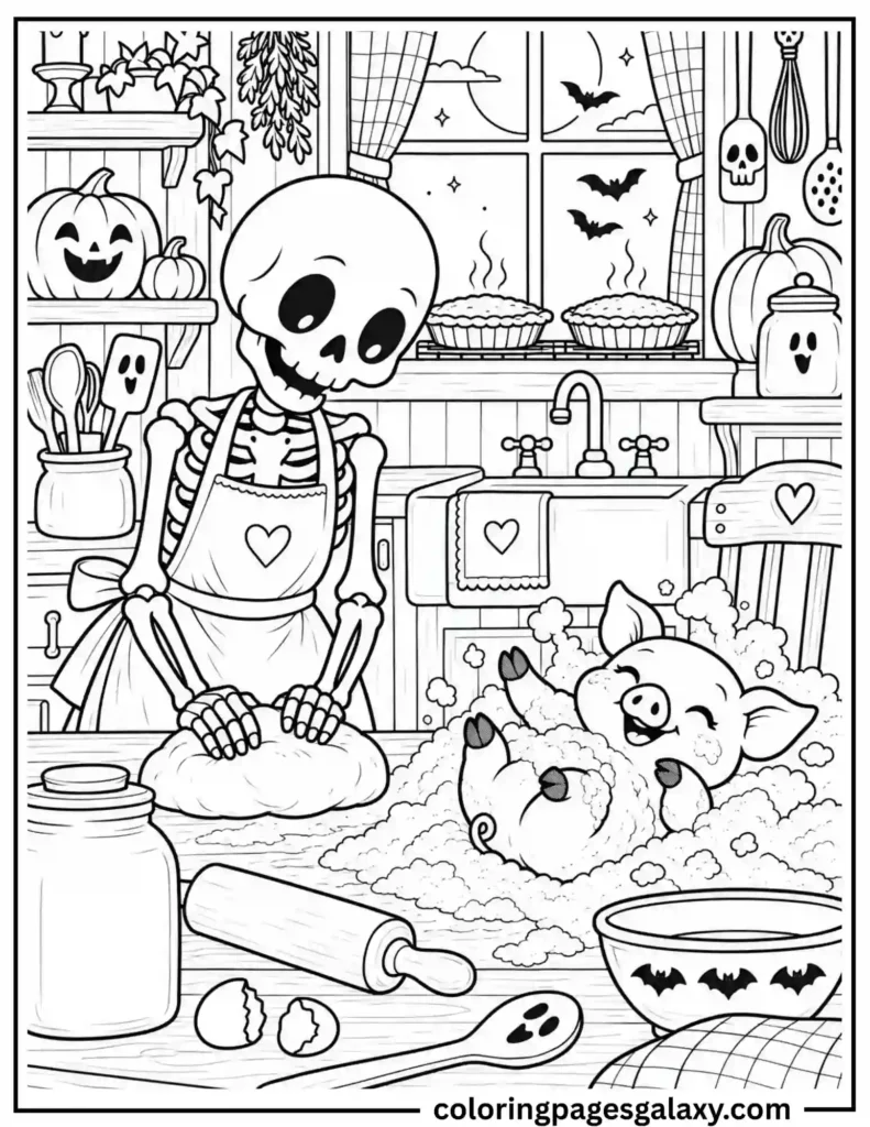 Skeleton Baking Coloring Page