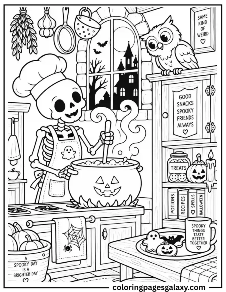 Skeleton Chef Cooking In A Cauldron Coloring Page