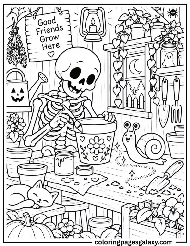Skeleton Painting Flower Pot With Snail Coloring Page