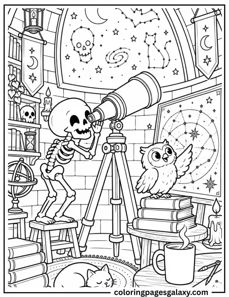 Skeleton Stargazing Coloring Page