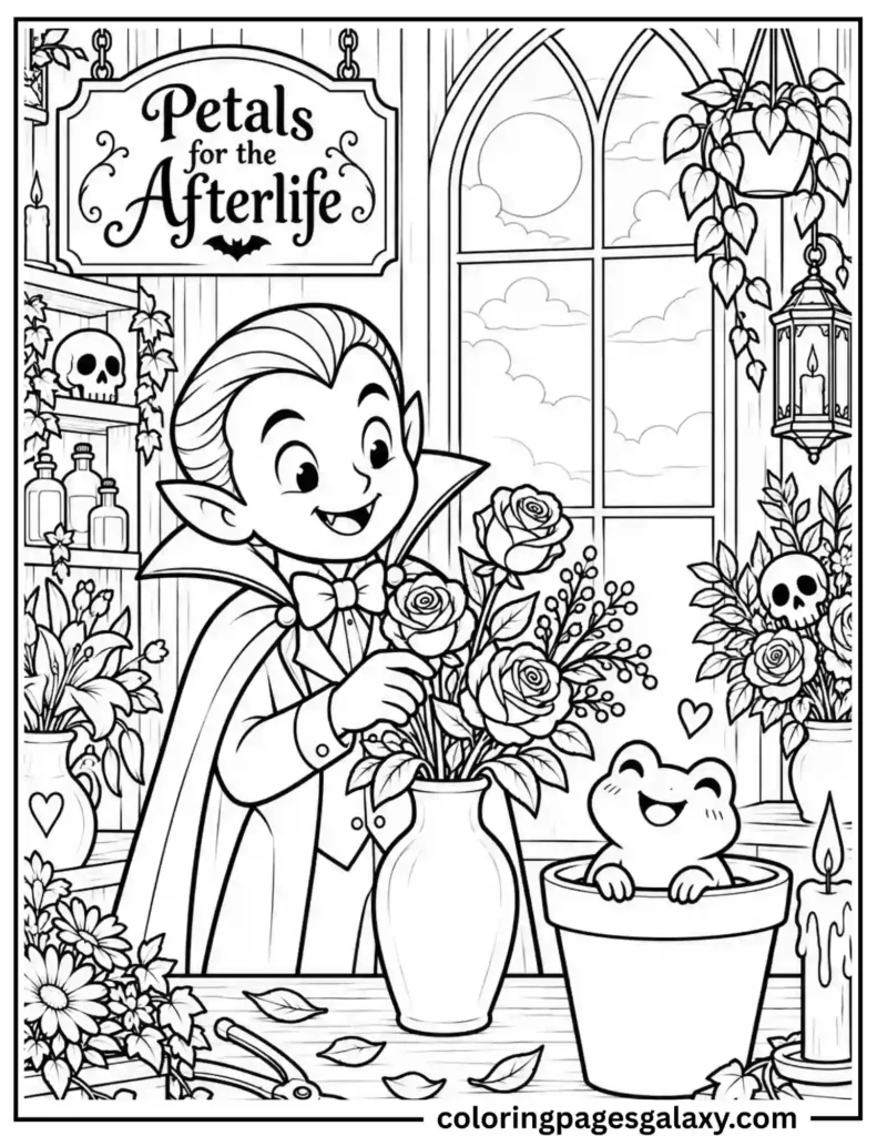 Vampire Flower Shop With Happy Frog Coloring Page