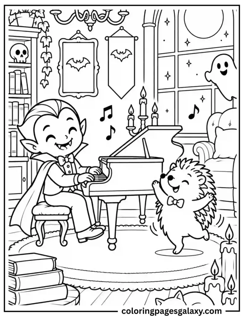 Vampire Playing Piano And Hedgehog Coloring Page