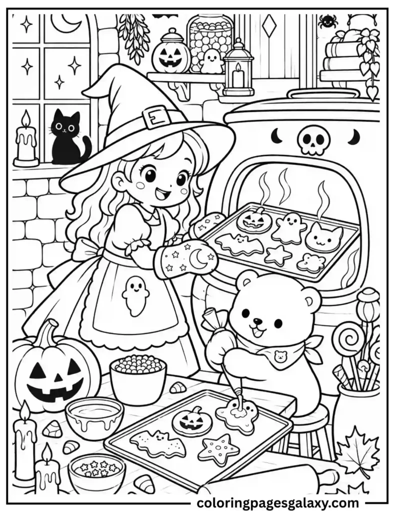 Witch And Bear Halloween Baking Coloring Page