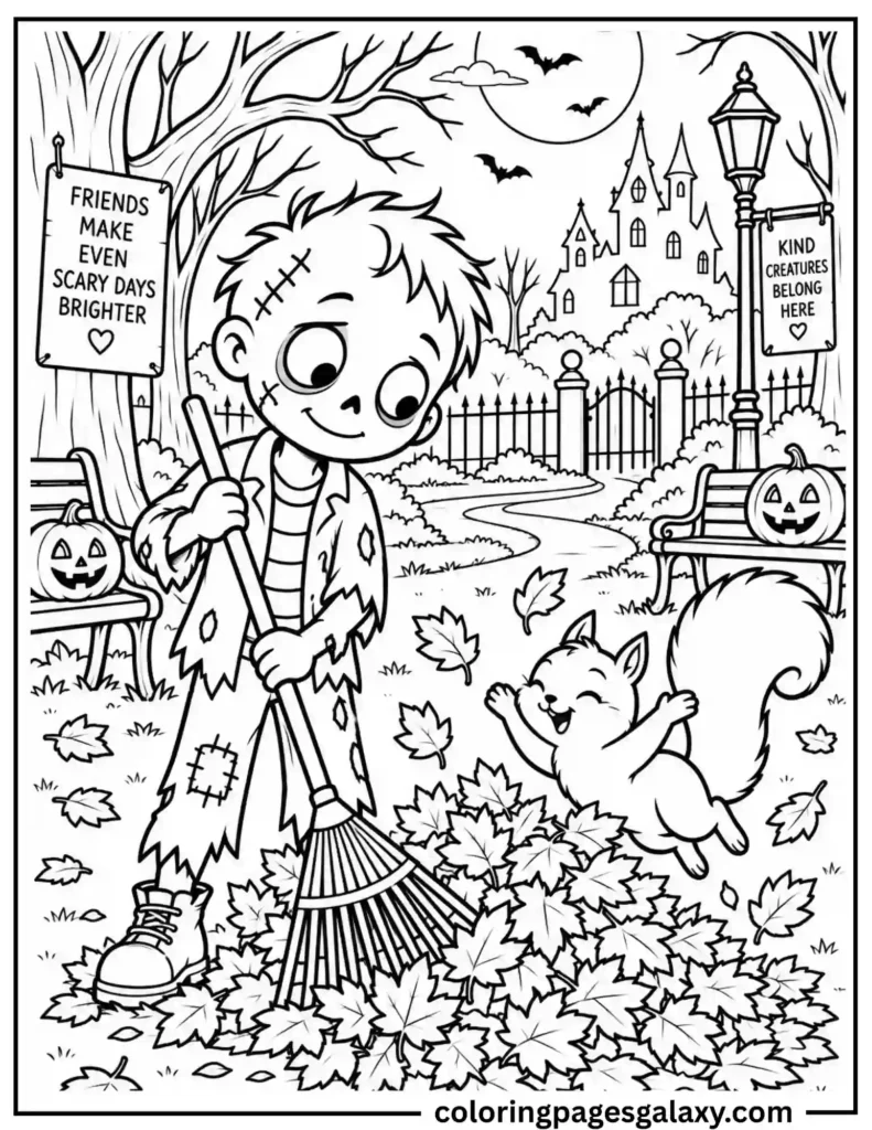 Zombie And Squirrel Fall Coloring Page