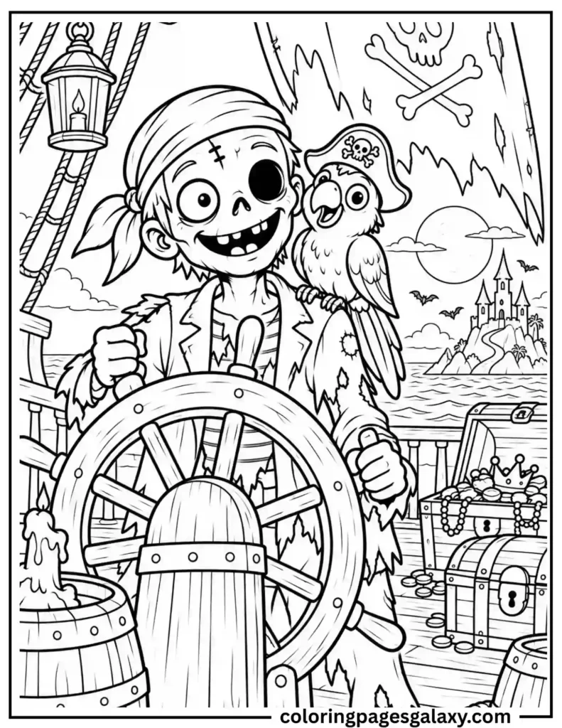 Zombie Pirate With Parrot Coloring Page