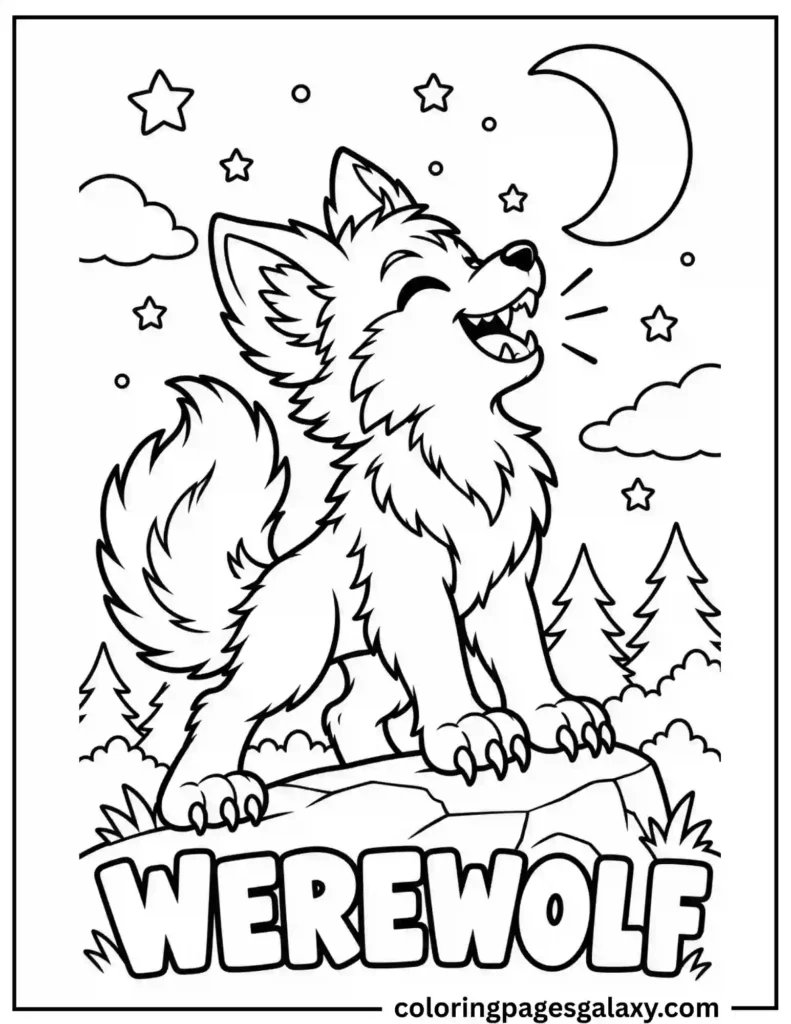 Cheerful Werewolf Howling At The Moon Coloring Page