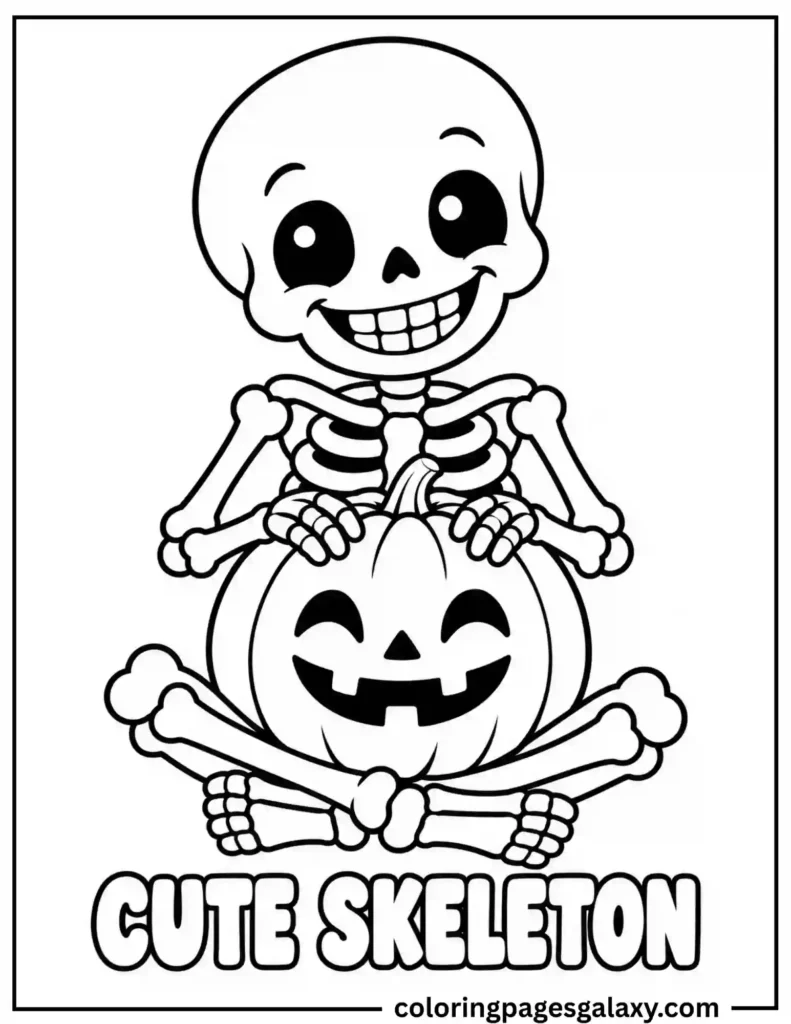 Cute Skeleton with Jack-o’-Lantern Coloring Page
