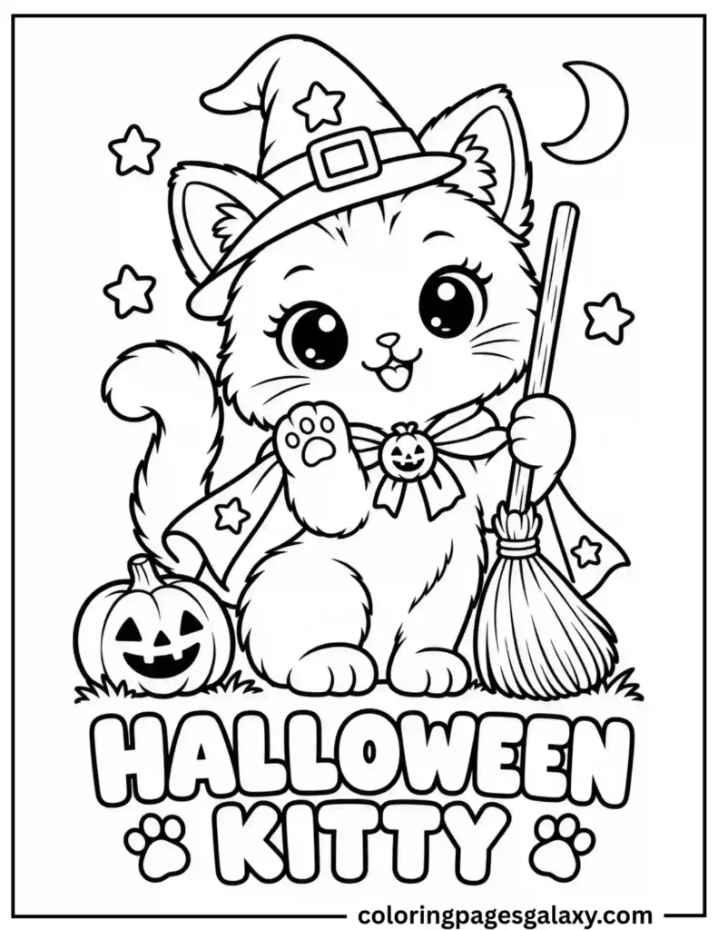 Halloween Witch Kitty Coloring Page