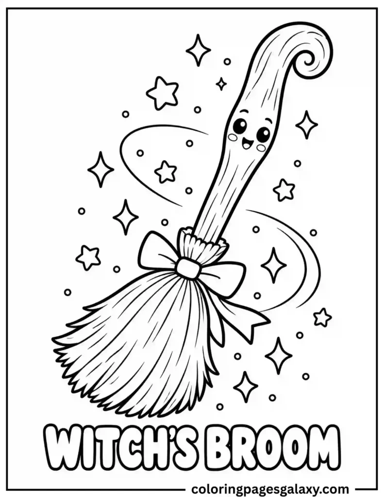 Kawaii Witch’s Broom Coloring Page