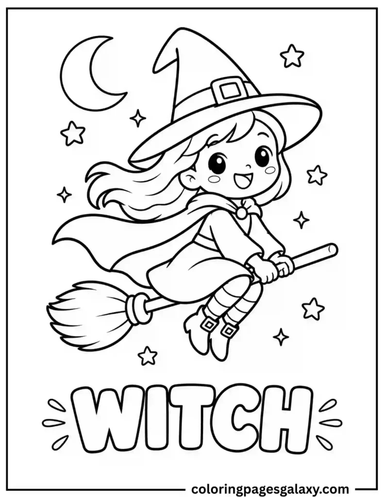 Witch Flying On A Broom Coloring Page