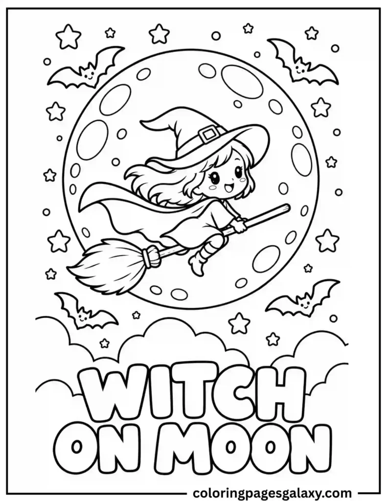 Witch On Moon Coloring Page